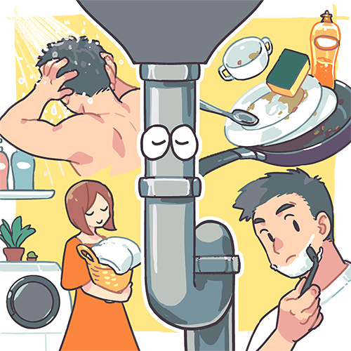 排水管に蓄積する日々の汚れを表現したイラスト